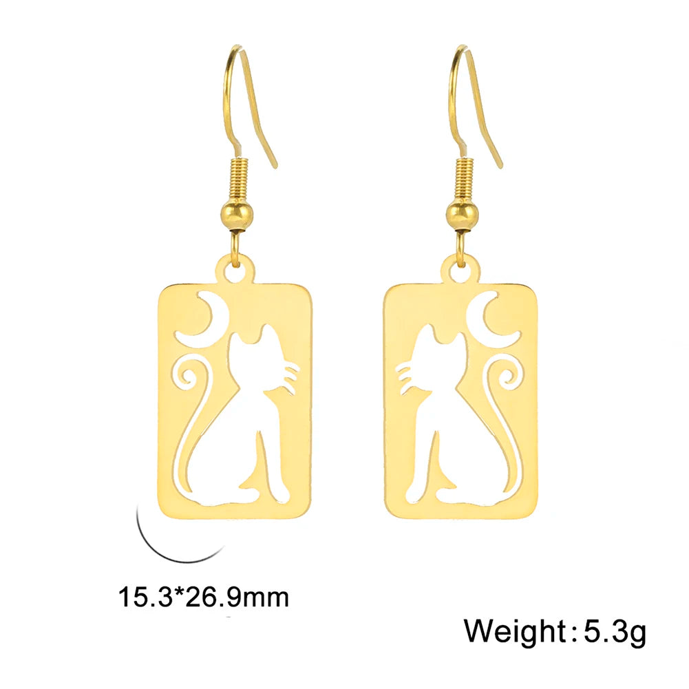 Moon Cat Rectangle Drop Earrings for Women Stainless Steel Jewelry - PeticaDeals