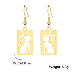 Moon Cat Rectangle Drop Earrings for Women Stainless Steel Jewelry - PeticaDeals