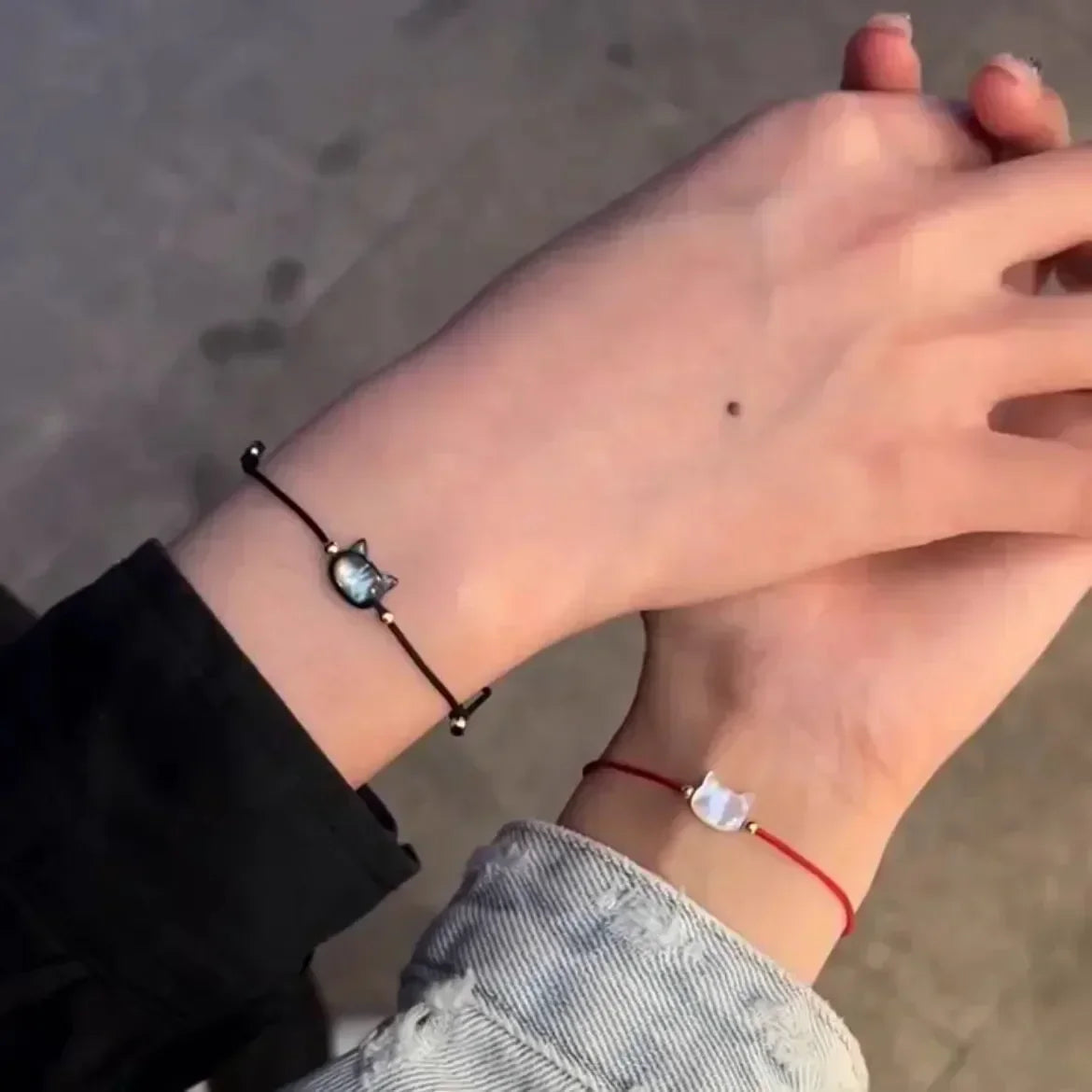 Natural Moonstone Bracelet Couple Friends Cute Cat Obsidian Charms Black Red - PeticaDeals