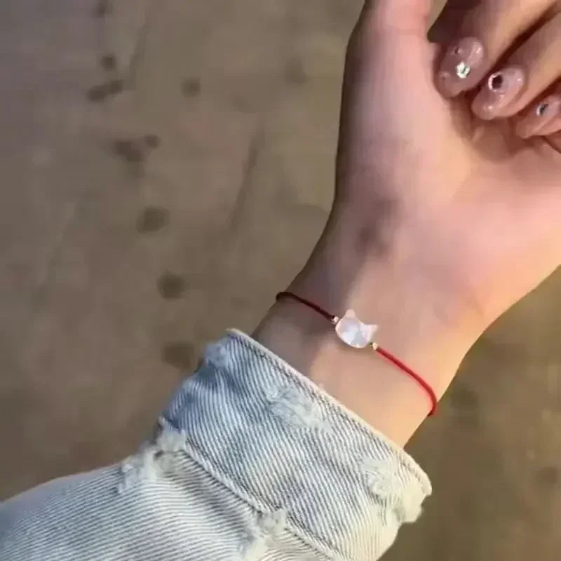 Natural Moonstone Bracelet Couple Friends Cute Cat Obsidian Charms Black Red - PeticaDeals