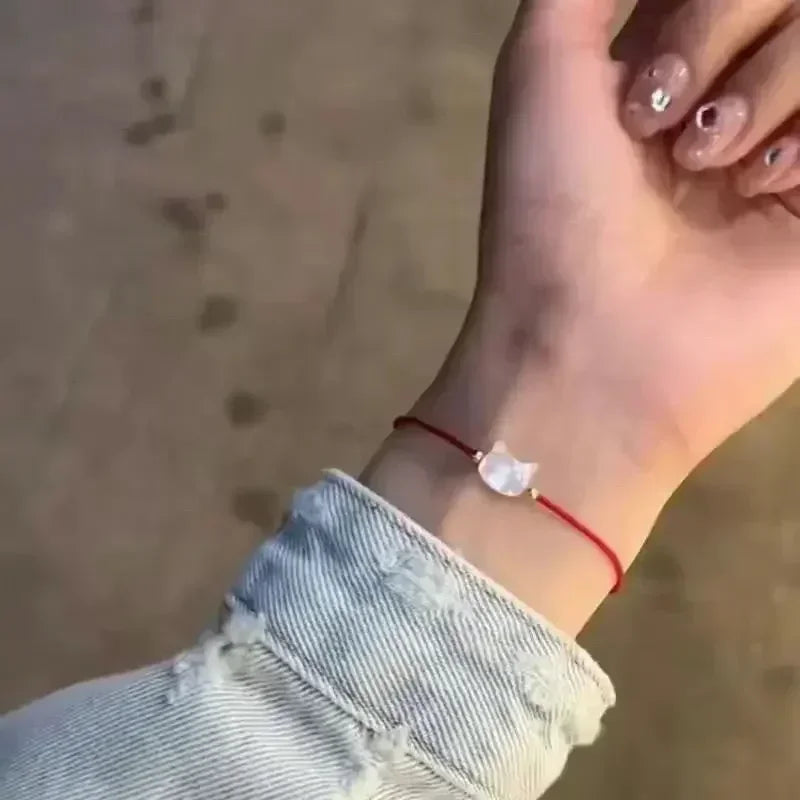 Natural Moonstone Bracelet Couple Friends Cute Cat Obsidian Charms Black Red - PeticaDeals
