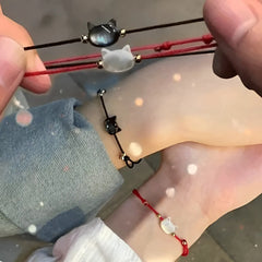 Natural Moonstone Bracelet Couple Friends Cute Cat Obsidian Charms Black Red - PeticaDeals