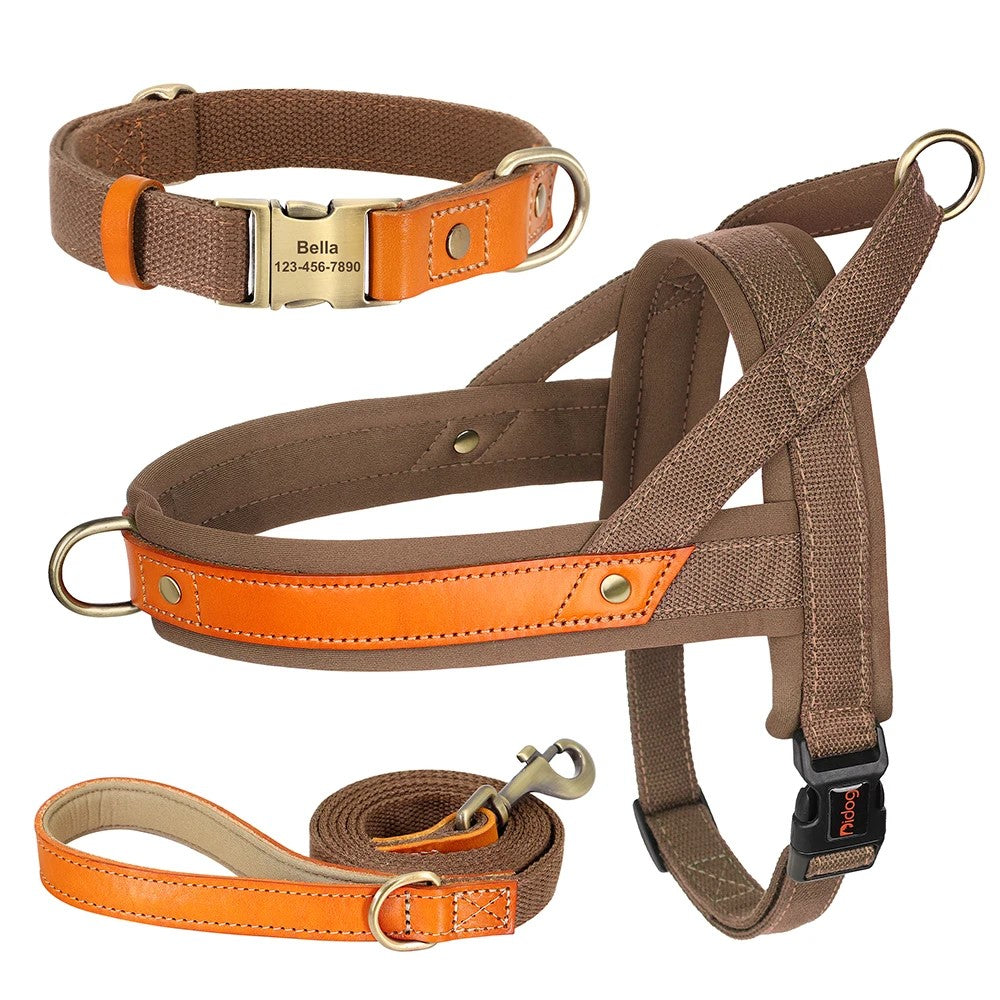 No Pull Padded Nylon and PU Leather Pet Dog Collar Harness Leash Set - PeticaDeals