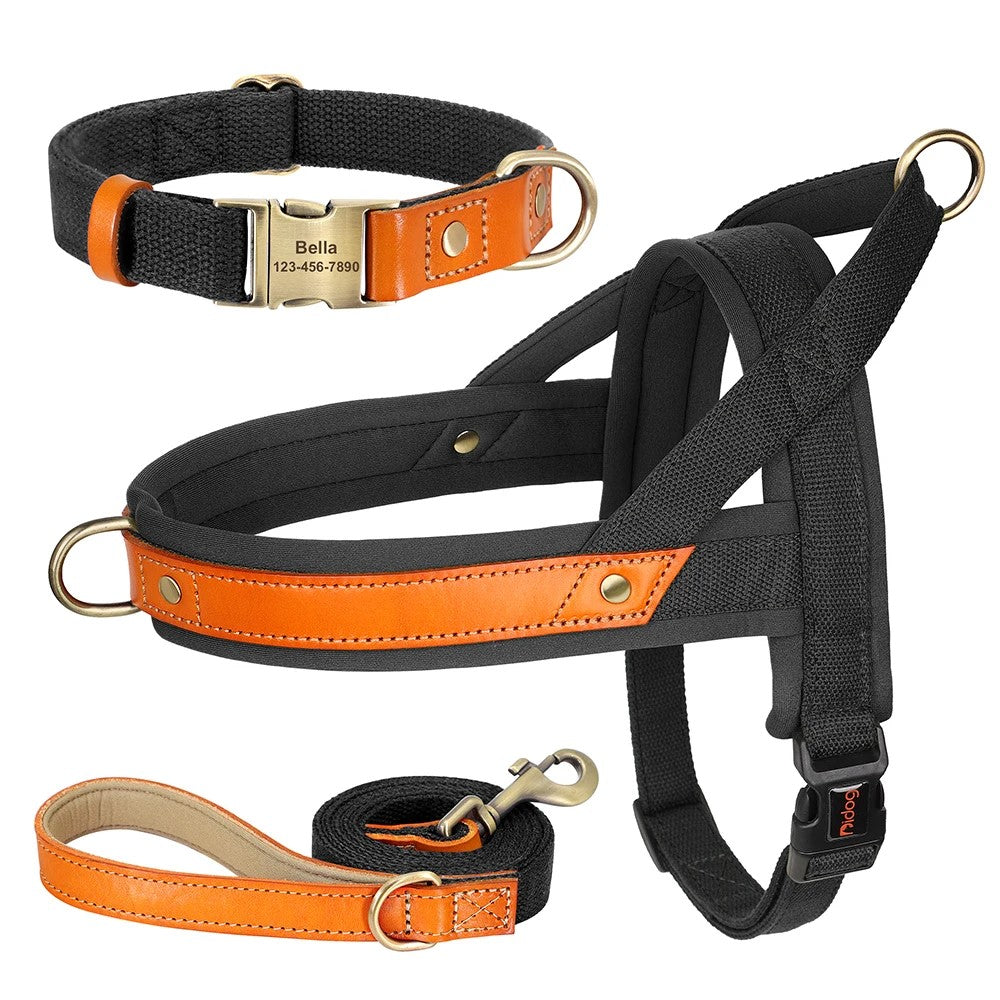No Pull Padded Nylon and PU Leather Pet Dog Collar Harness Leash Set - PeticaDeals