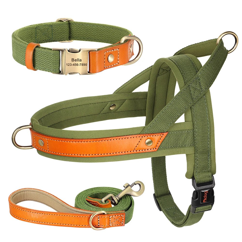 No Pull Padded Nylon and PU Leather Pet Dog Collar Harness Leash Set - PeticaDeals