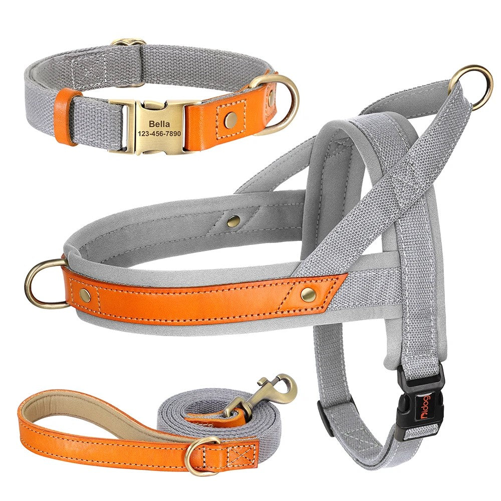 No Pull Padded Nylon and PU Leather Pet Dog Collar Harness Leash Set - PeticaDeals