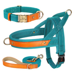No Pull Padded Nylon and PU Leather Pet Dog Collar Harness Leash Set - PeticaDeals