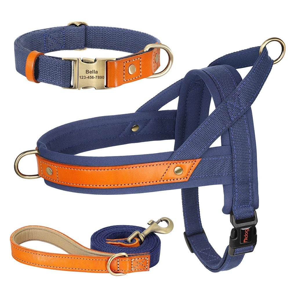 No Pull Padded Nylon and PU Leather Pet Dog Collar Harness Leash Set - PeticaDeals