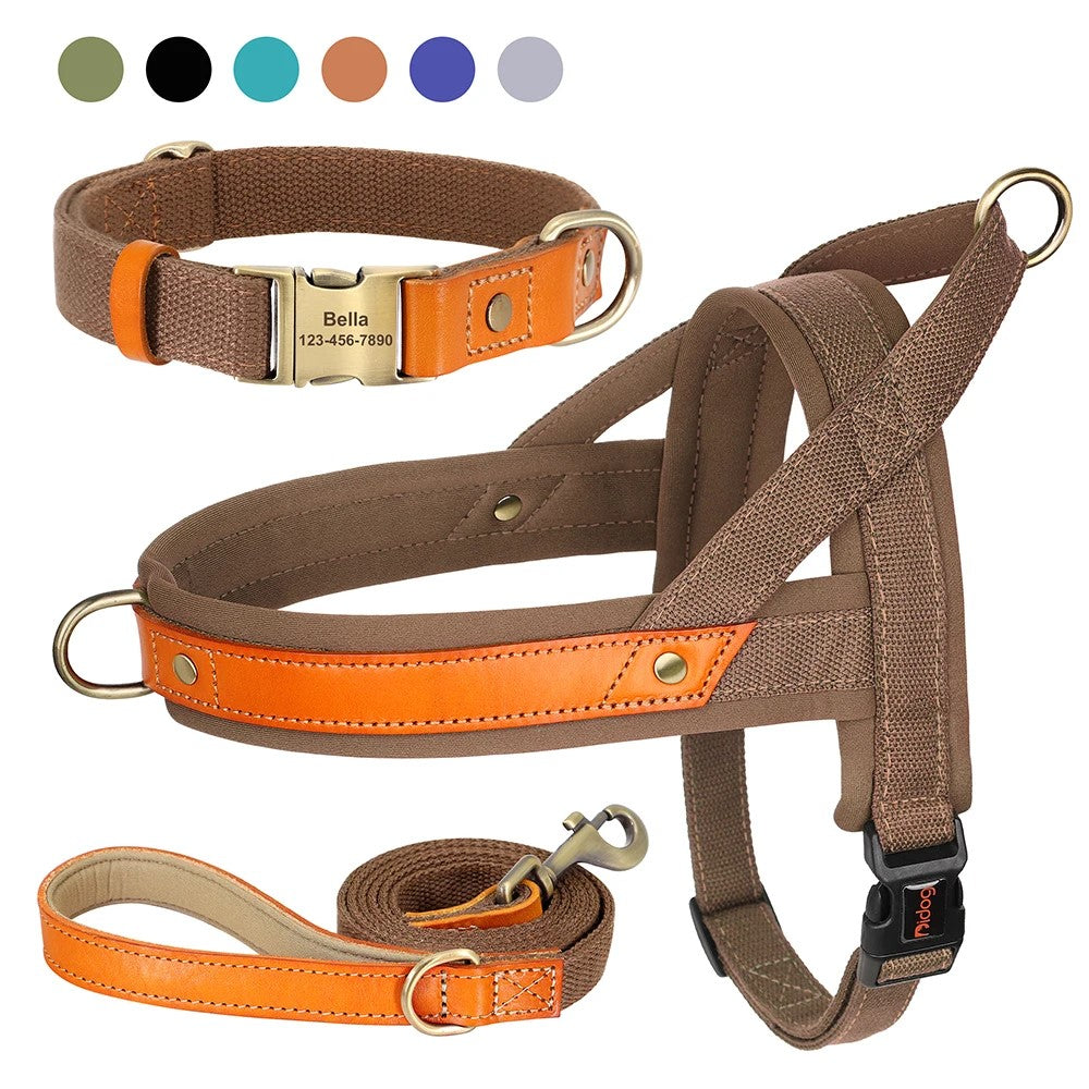 No Pull Padded Nylon and PU Leather Pet Dog Collar Harness Leash Set - PeticaDeals