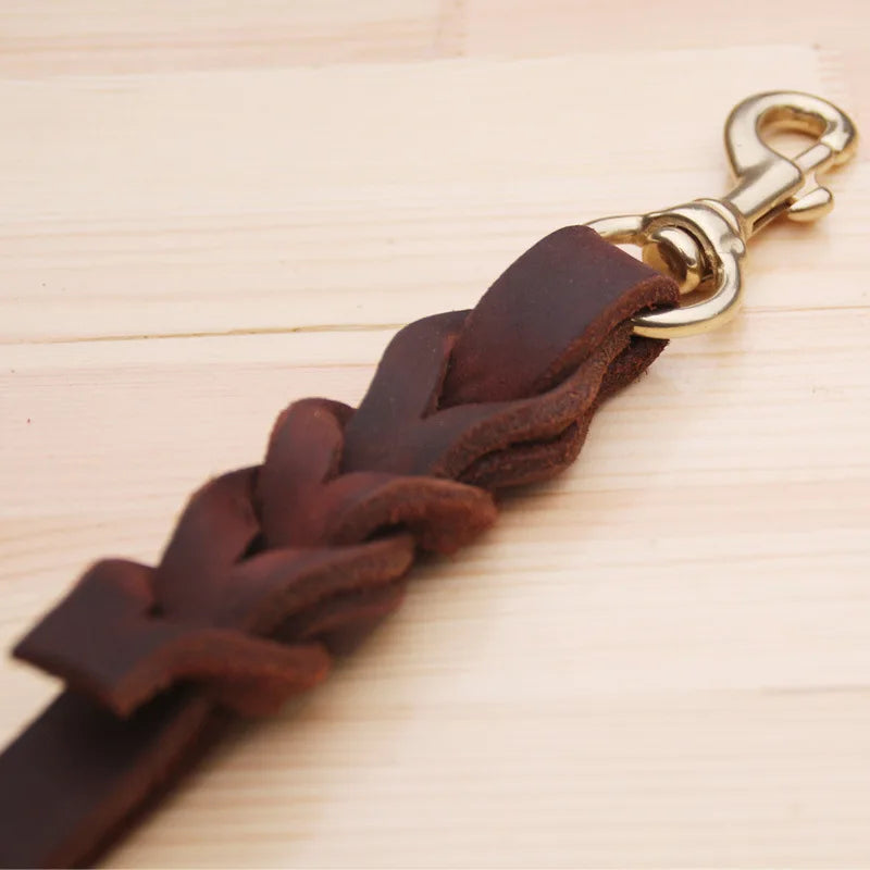 One step Short Dog Leash Braided Real Leather Traction Belt - PeticaDeals