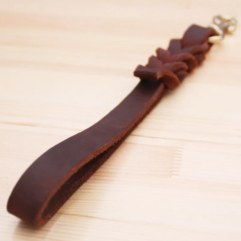 One step Short Dog Leash Braided Real Leather Traction Belt - PeticaDeals