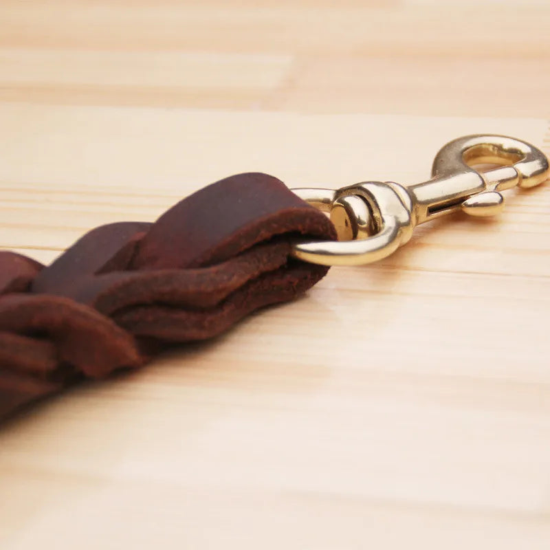 One step Short Dog Leash Braided Real Leather Traction Belt - PeticaDeals