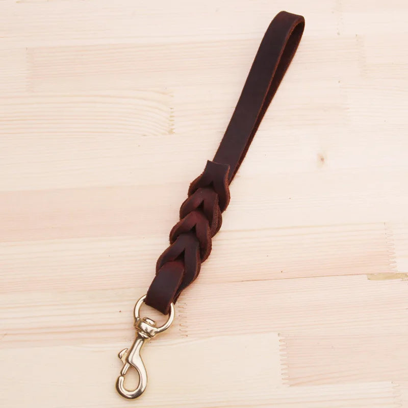 One step Short Dog Leash Braided Real Leather Traction Belt - PeticaDeals