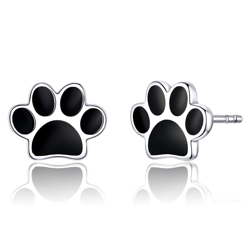 Paw Dog Footprint Black Stud Earrings 925 Sterling Silver For Women - PeticaDeals