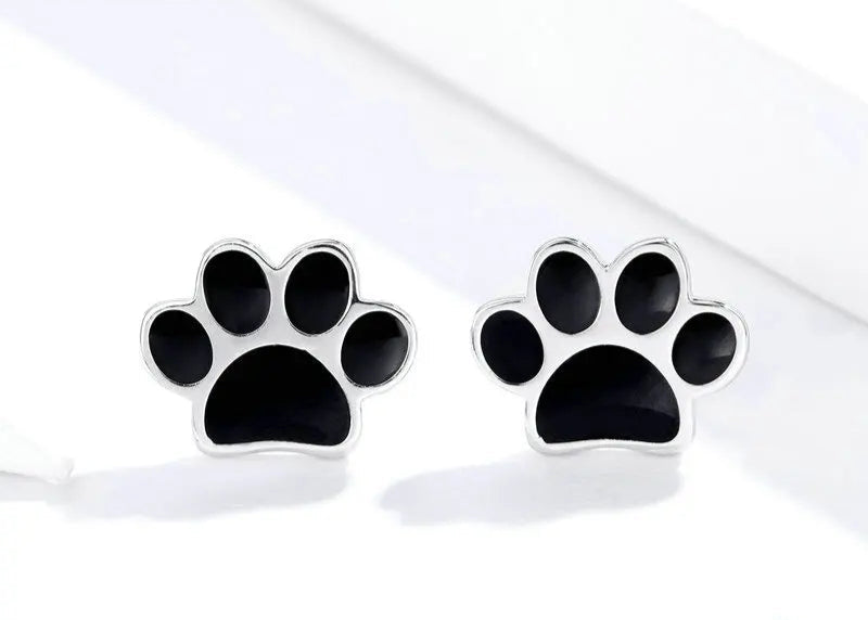 Paw Dog Footprint Black Stud Earrings 925 Sterling Silver For Women - PeticaDeals