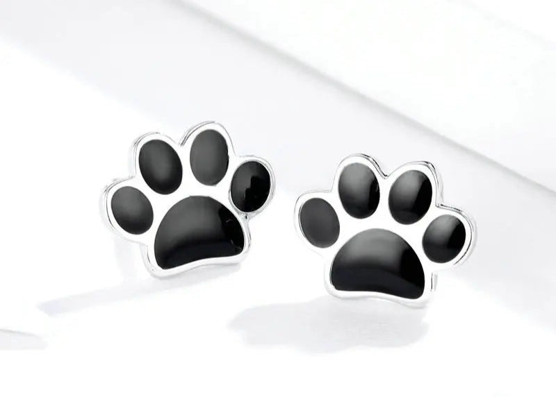 Paw Dog Footprint Black Stud Earrings 925 Sterling Silver For Women - PeticaDeals