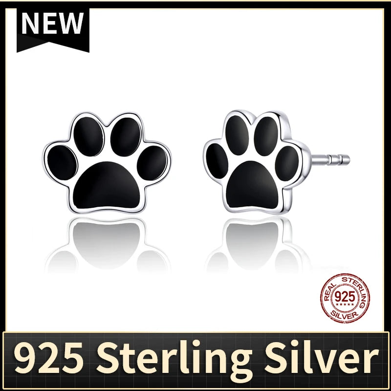 Paw Dog Footprint Black Stud Earrings 925 Sterling Silver For Women - PeticaDeals