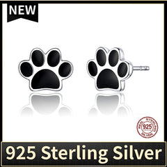 Paw Dog Footprint Black Stud Earrings 925 Sterling Silver For Women - PeticaDeals