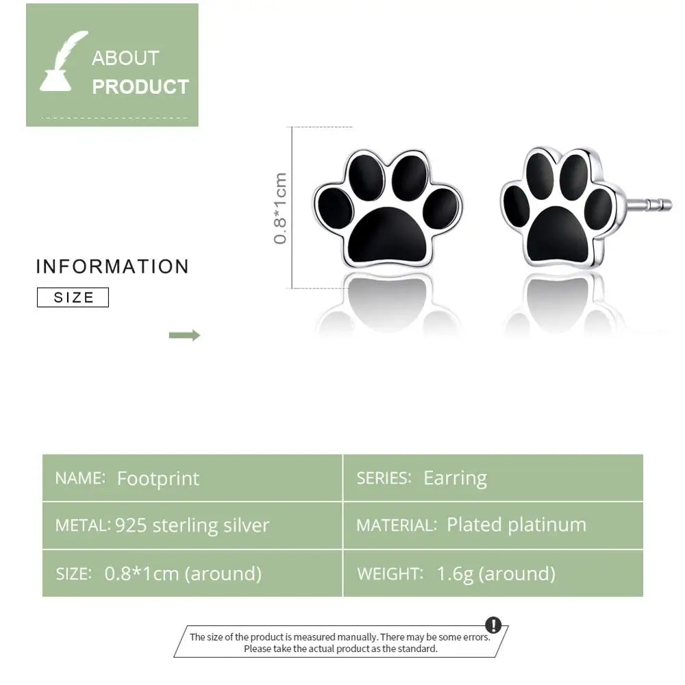 Paw Dog Footprint Black Stud Earrings 925 Sterling Silver For Women - PeticaDeals
