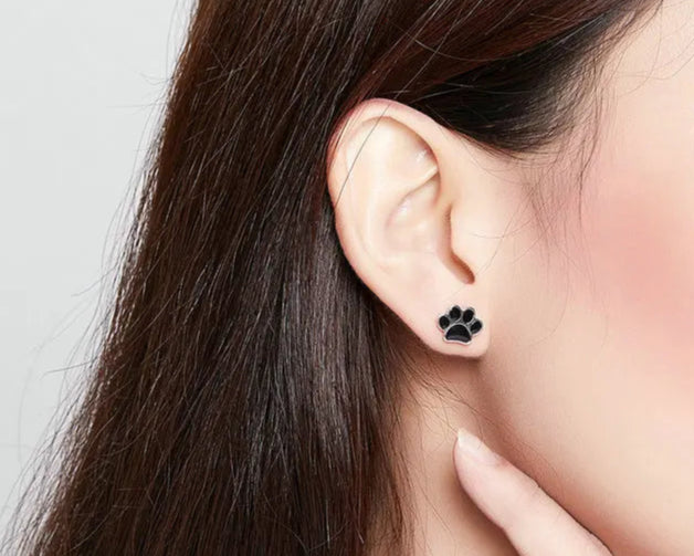 Paw Dog Footprint Black Stud Earrings 925 Sterling Silver For Women - PeticaDeals