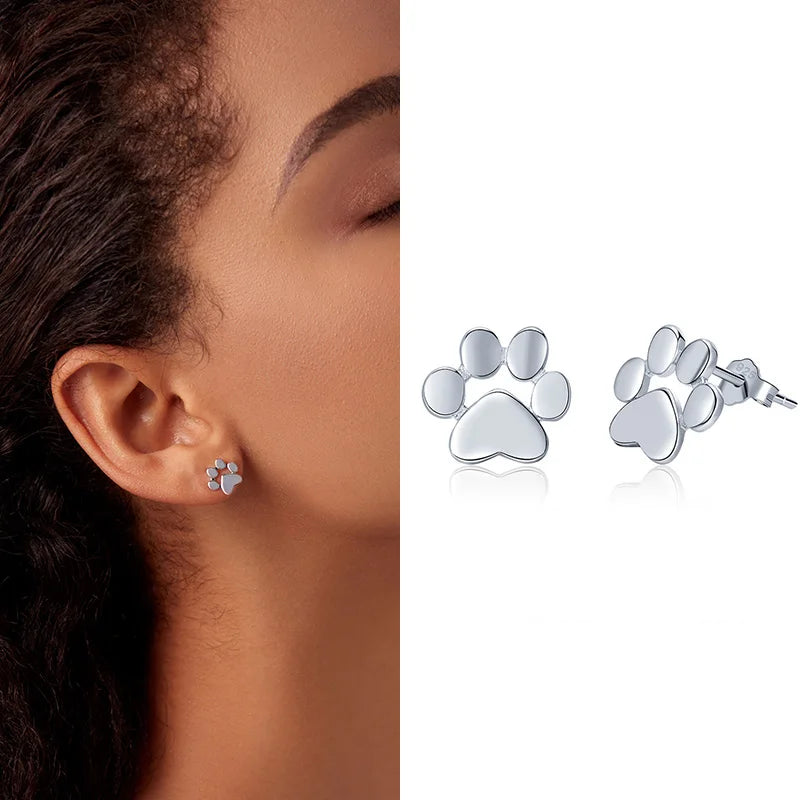 Paw Dog Footprint Black Stud Earrings 925 Sterling Silver For Women - PeticaDeals