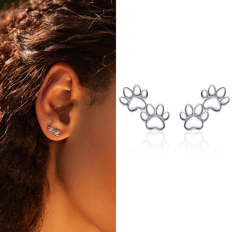 Paw Dog Footprint Black Stud Earrings 925 Sterling Silver For Women - PeticaDeals