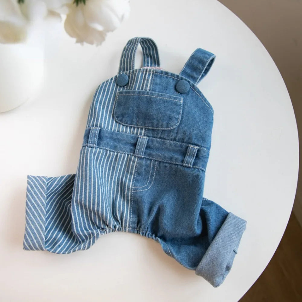Pet Autumn Winter Striped Patchwork Denim Straps Pet Pants - PeticaDeals