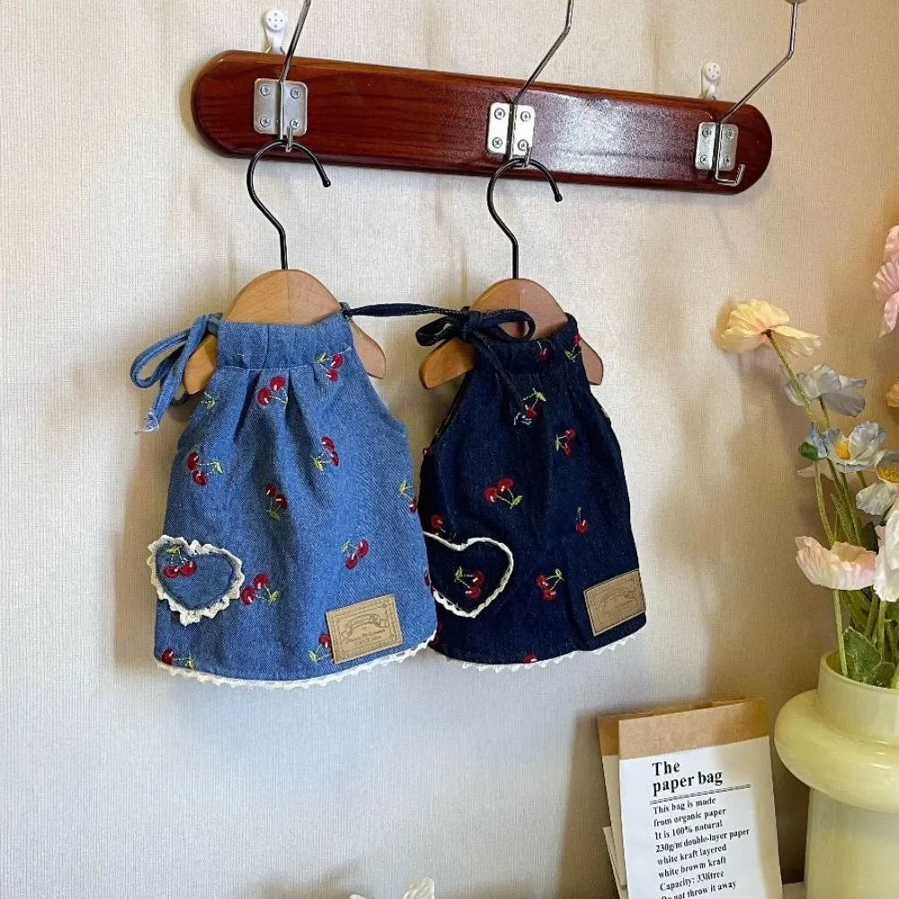 Pet Denim Skirt Cherry Strap Skirt - PeticaDeals