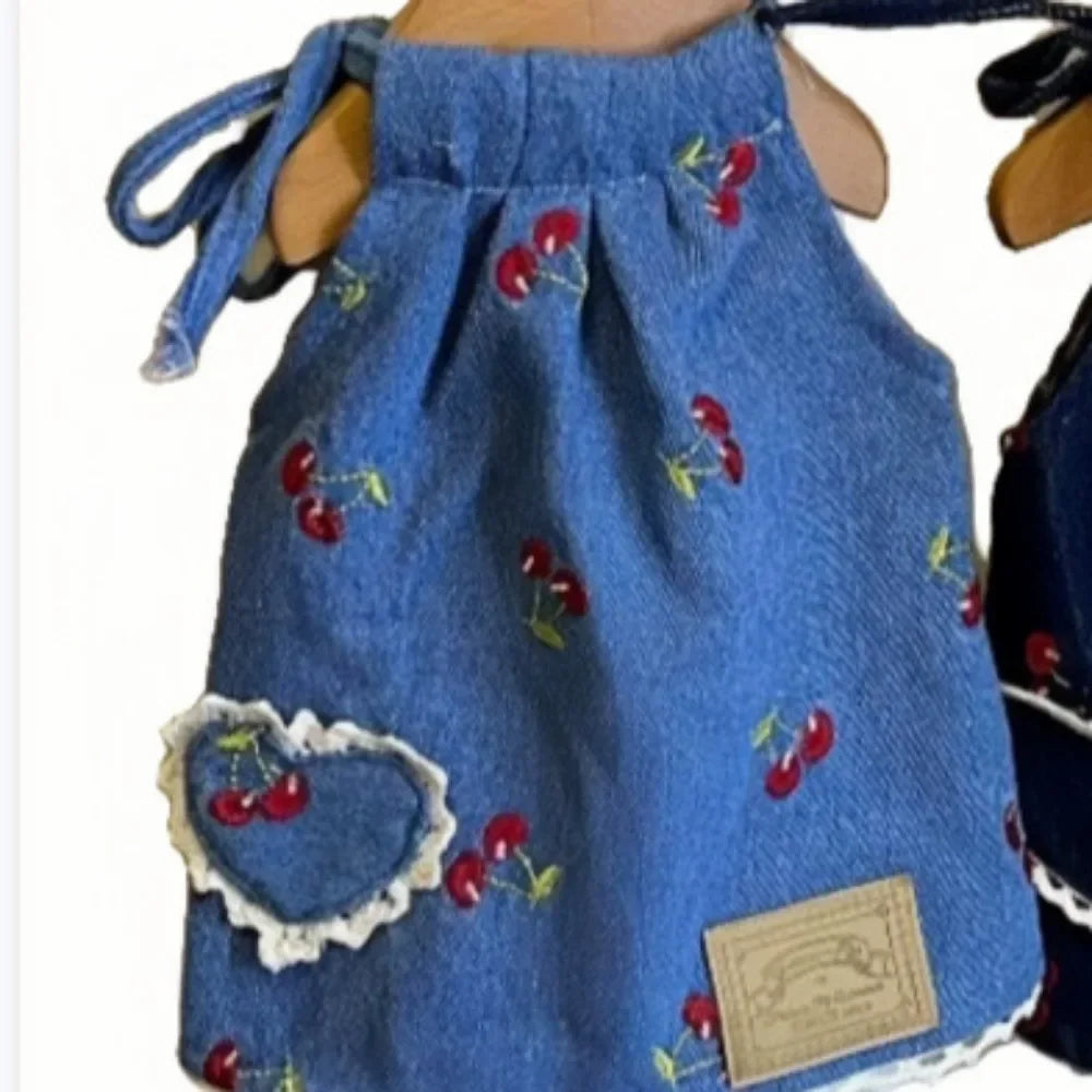 Pet Denim Skirt Cherry Strap Skirt - PeticaDeals