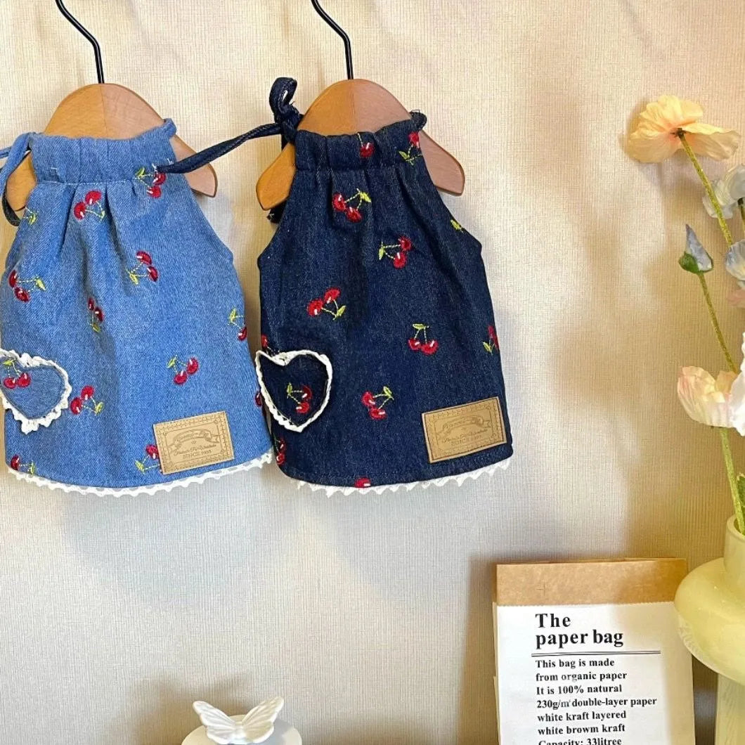 Pet Denim Skirt Cherry Strap Skirt - PeticaDeals