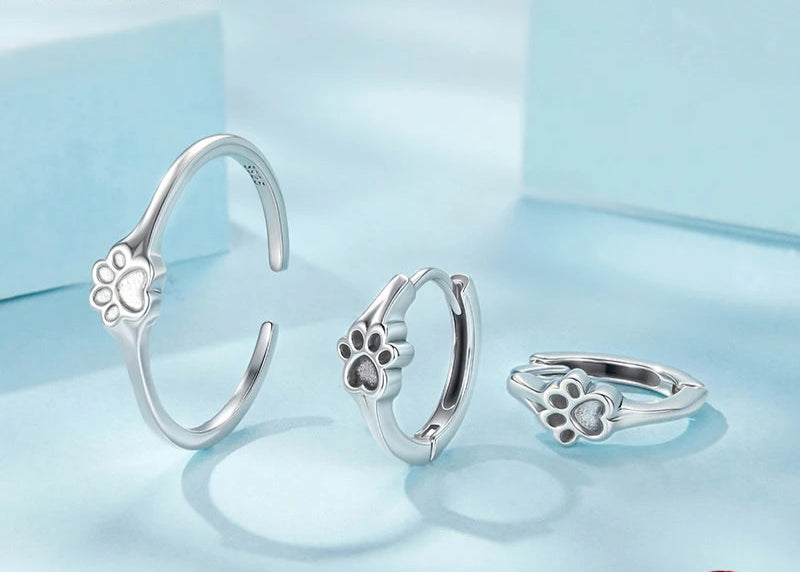 Pet Paw Print Rings Earrings Sets Cute Cat Dog for Women Girls - PeticaDeals