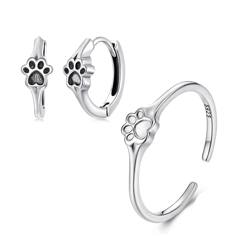 Pet Paw Print Rings Earrings Sets Cute Cat Dog for Women Girls - PeticaDeals