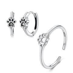 Pet Paw Print Rings Earrings Sets Cute Cat Dog for Women Girls - PeticaDeals