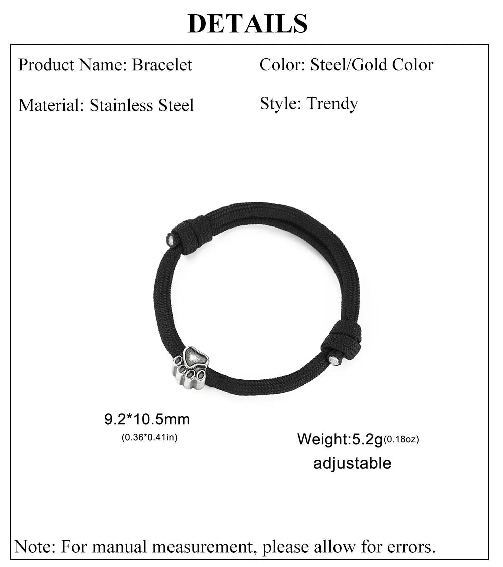 Punk Dog Pet Paws Charm Bracelet for Women & Men Adjustable Black Rope Cord Bracelets - PeticaDeals