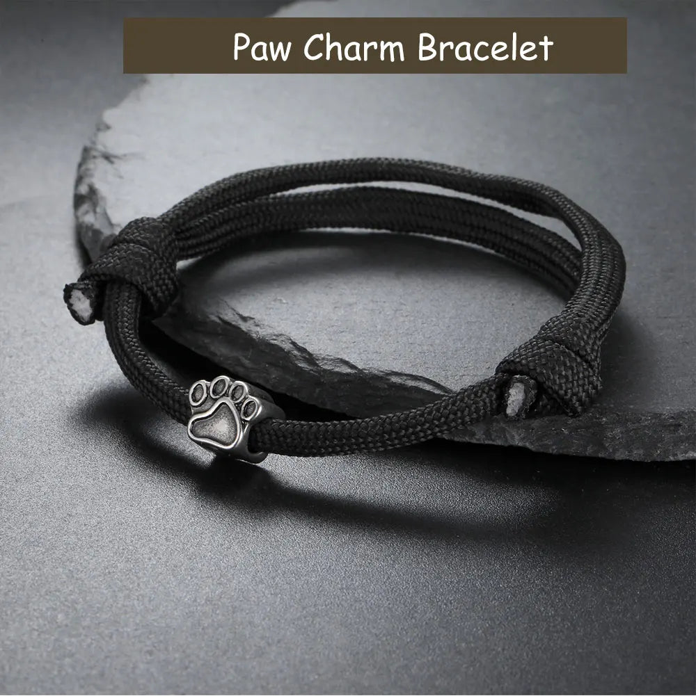 Punk Dog Pet Paws Charm Bracelet for Women & Men Adjustable Black Rope Cord Bracelets - PeticaDeals