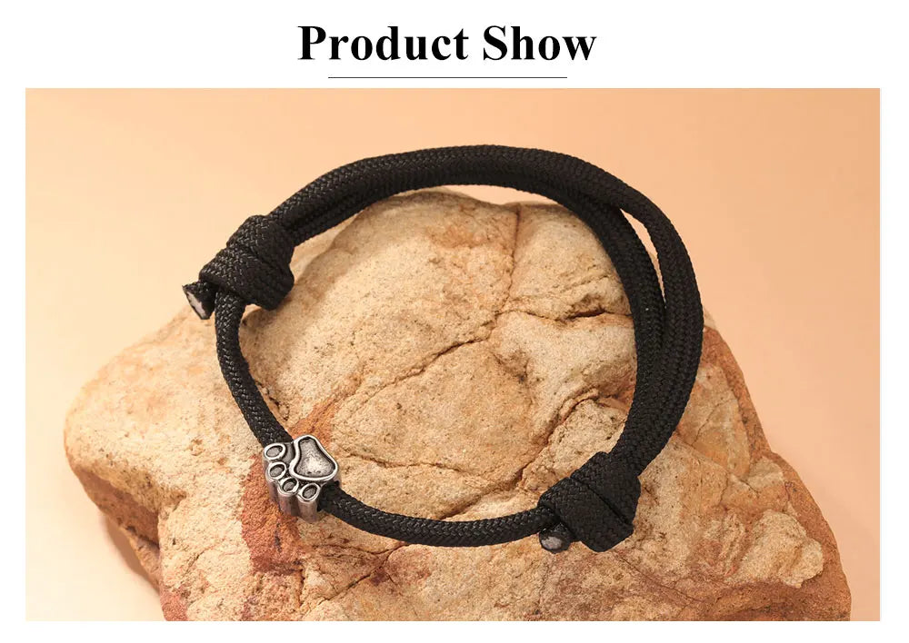 Punk Dog Pet Paws Charm Bracelet for Women & Men Adjustable Black Rope Cord Bracelets - PeticaDeals