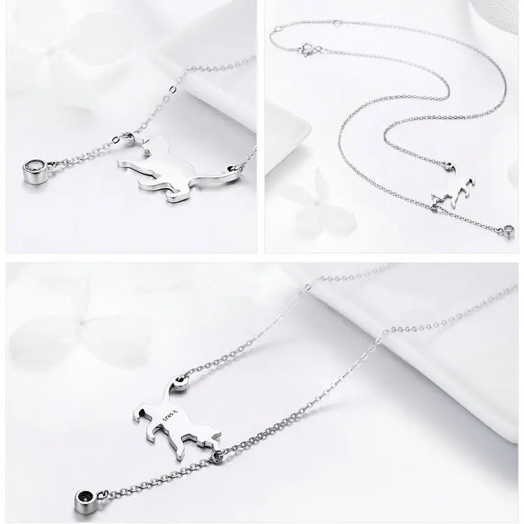 Real 925 Sterling Silver Cute Cat Animal Jewelry Set Pet Ring Necklace Earrings for Women Party Original Fine Jewelry - PeticaDeals
