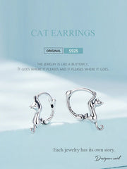 Real 925 Sterling Silver Cute Cat Animal Jewelry Set Pet Ring Necklace Earrings for Women Party Original Fine Jewelry - PeticaDeals