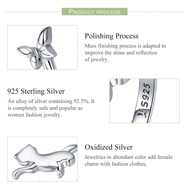 Real 925 Sterling Silver Cute Cat Animal Jewelry Set Pet Ring Necklace Earrings for Women Party Original Fine Jewelry - PeticaDeals