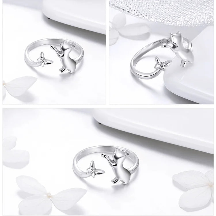 Real 925 Sterling Silver Cute Cat Animal Jewelry Set Pet Ring Necklace Earrings for Women Party Original Fine Jewelry - PeticaDeals