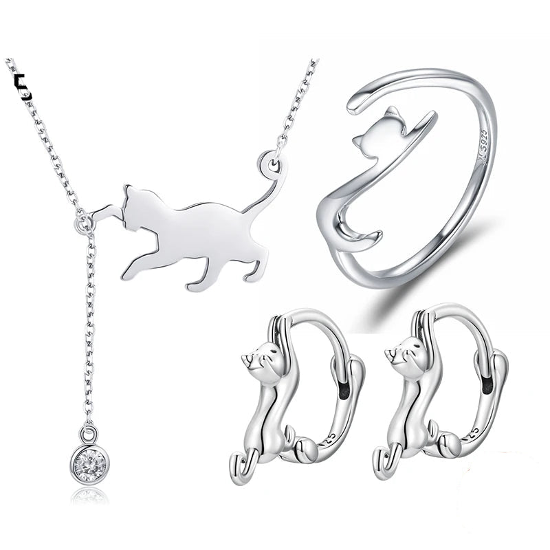 Real 925 Sterling Silver Cute Cat Animal Jewelry Set Pet Ring Necklace Earrings for Women Party Original Fine Jewelry - PeticaDeals