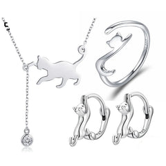 Real 925 Sterling Silver Cute Cat Animal Jewelry Set Pet Ring Necklace Earrings for Women Party Original Fine Jewelry - PeticaDeals