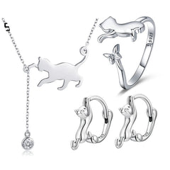 Real 925 Sterling Silver Cute Cat Animal Jewelry Set Pet Ring Necklace Earrings for Women Party Original Fine Jewelry - PeticaDeals