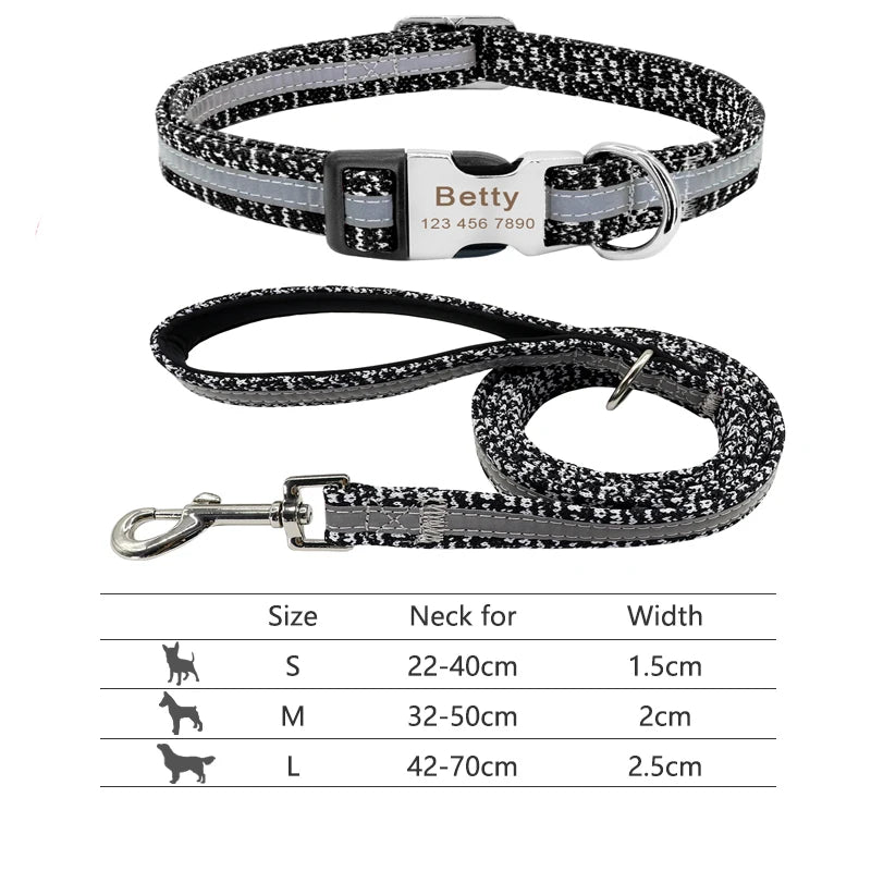 Reflective Nylon Pet Collars Lead Leash Engraved ID Tag for Small & Large - PeticaDeals