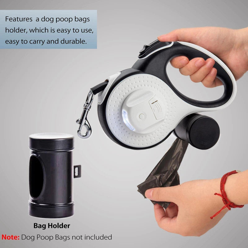 Retractable Dog Leash Flashlight Anti-Slip Handle Dog Lead No Tangle Poop Bag Dispenser - PeticaDeals