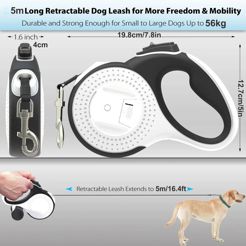 Retractable Dog Leash Flashlight Anti-Slip Handle Dog Lead No Tangle Poop Bag Dispenser - PeticaDeals