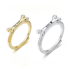 Ring for Women Adjustable Size Ring Personalized Dog Bone Pet Name Rings with Crystal Charm - PeticaDeals