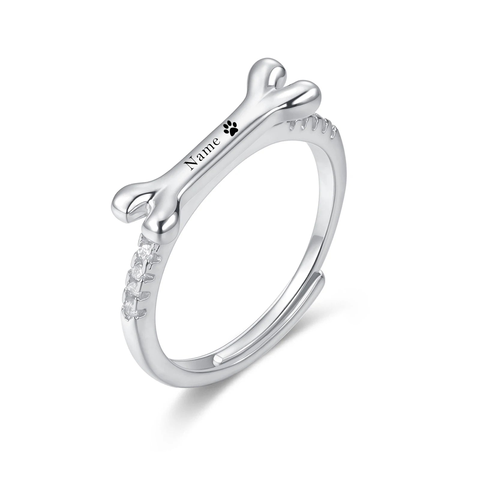Ring for Women Adjustable Size Ring Personalized Dog Bone Pet Name Rings with Crystal Charm - PeticaDeals
