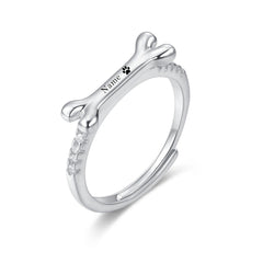 Ring for Women Adjustable Size Ring Personalized Dog Bone Pet Name Rings with Crystal Charm - PeticaDeals