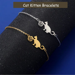 Cat Playing Ball of Yarn Bracelets for Women Stainless Steel Animal Cute Kitten Charm Bracelet - PeticaDeals